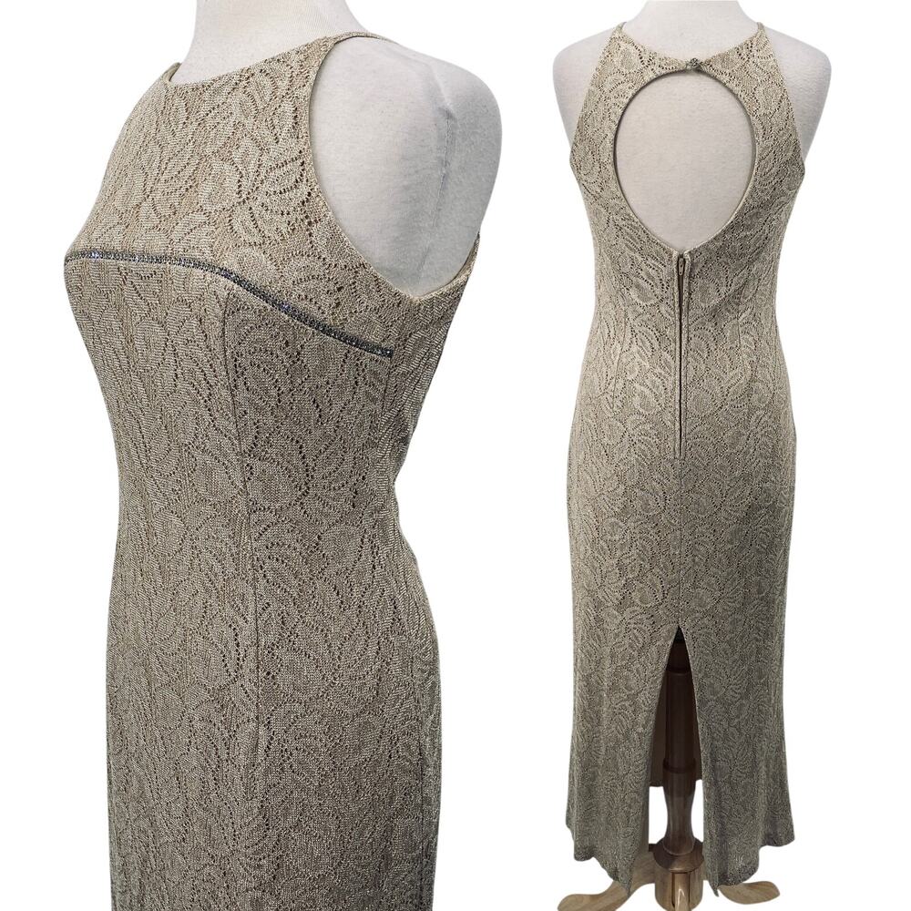 Vintage 90s Crochet Overlay Maxi Dress Rhinestone Bodice Open Back Beige 8